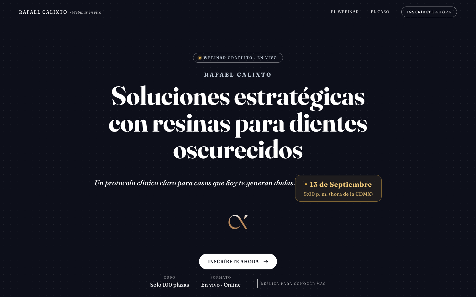 Landing page de webinar sobre resinas para dentes escurecidos, em espanhol