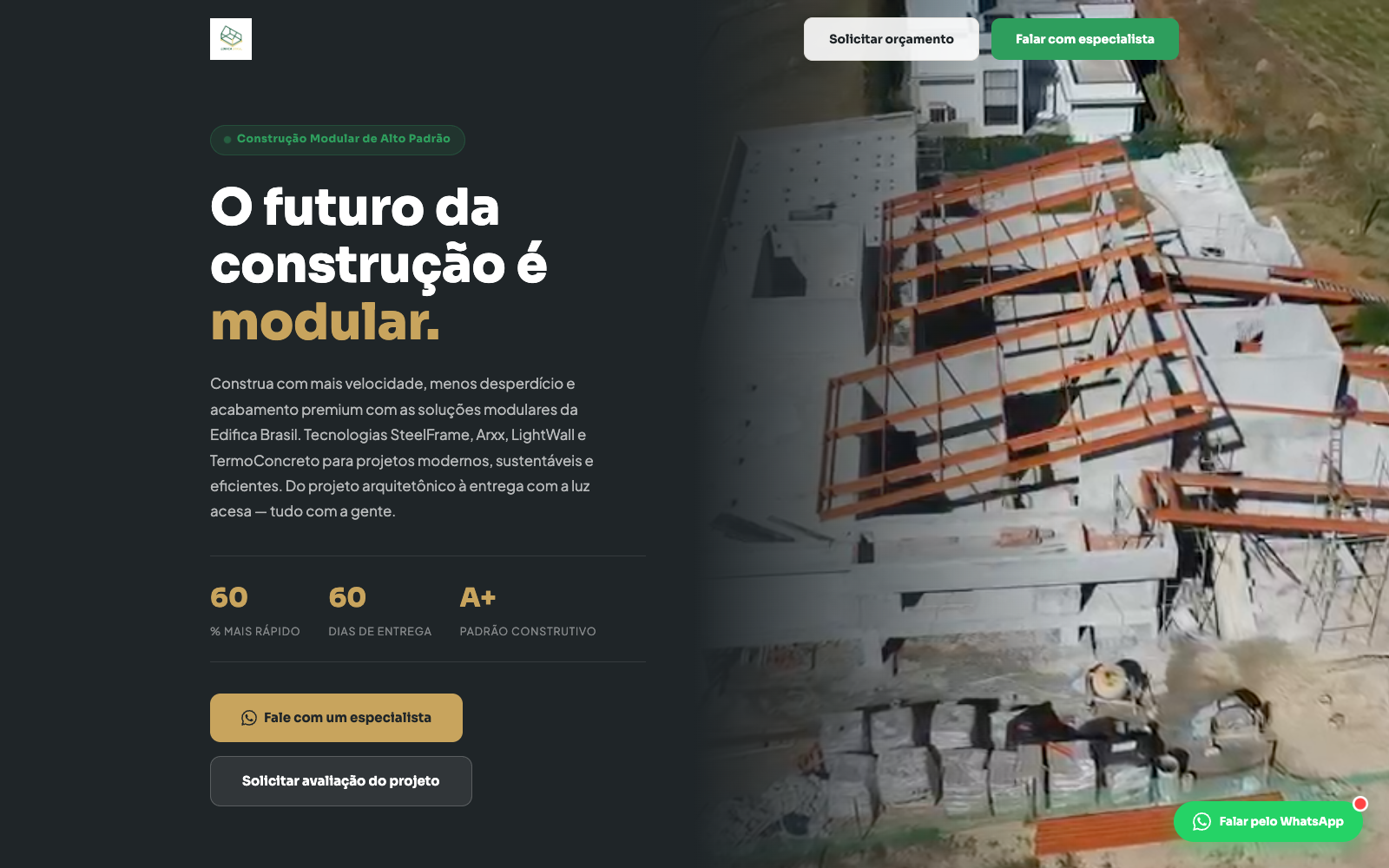 Landing page da Edifica Brasil, construção modular de alto padrão