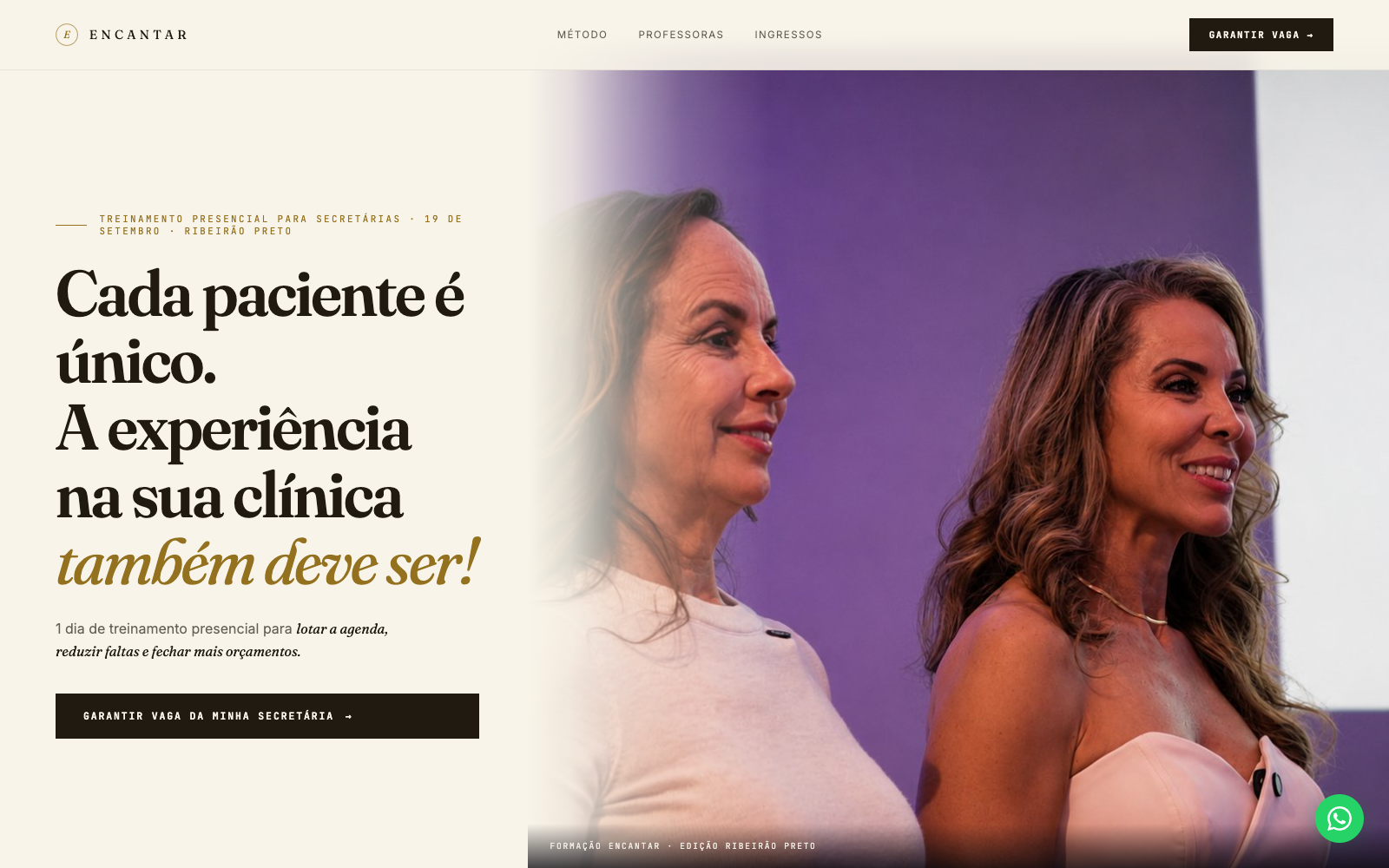 Landing page da Formação Encantar, treinamento para secretárias de clínica
