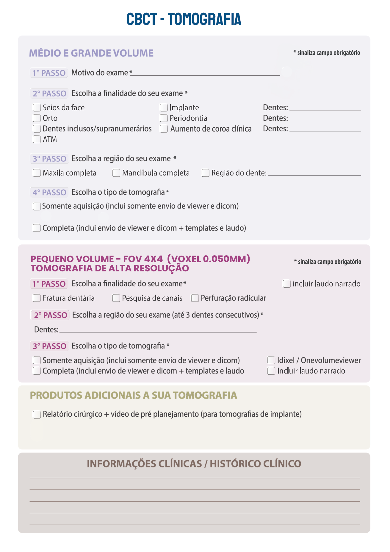 Formulário de requisição de exame de tomografia, com etapas e caixas de seleção